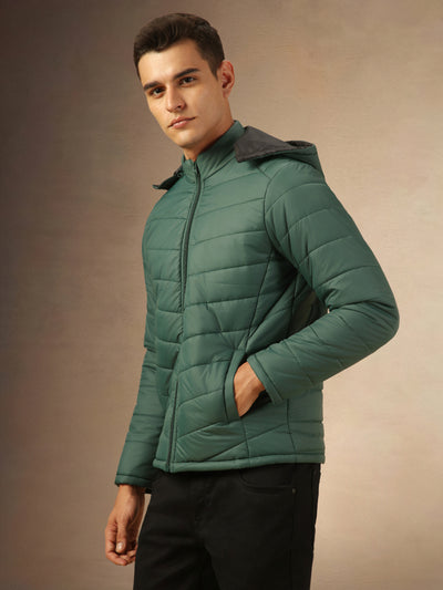 Men's Green Regular Fit Hooded Puffer Jackets