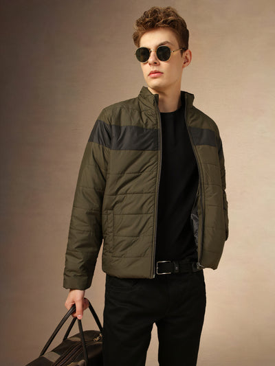 Men's Olive Colorblocked Mock Collar Full Sleeves Jacket