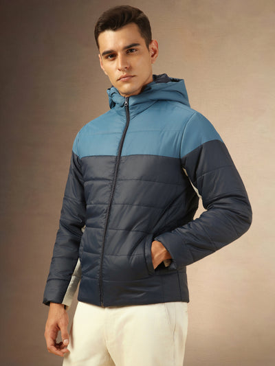 Men's Navy Blue Hooded Full Sleeves Puffer Jacket