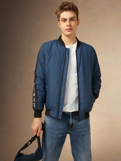 Men's BLUE Solid Bomber Full Sleeves Jackets