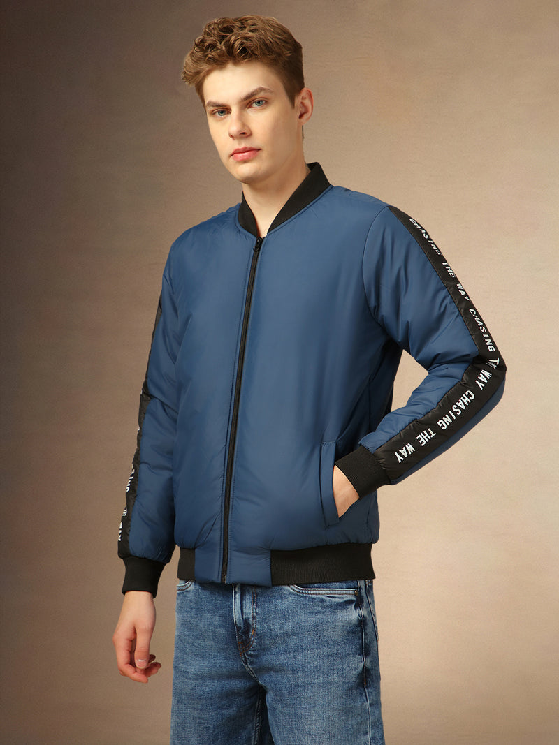 Men's BLUE Solid Bomber Full Sleeves Jackets