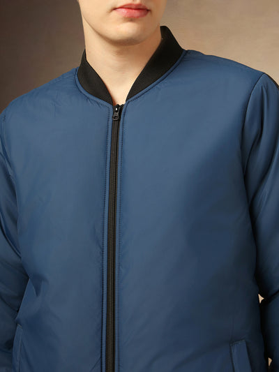 Men's BLUE Solid Bomber Full Sleeves Jackets