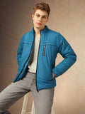 Men's Blue Solid Mock Collar Full Sleeves Jackets