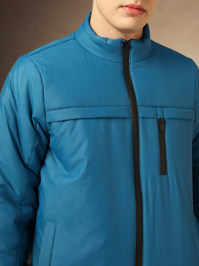 Men's Blue Solid Mock Collar Full Sleeves Jackets