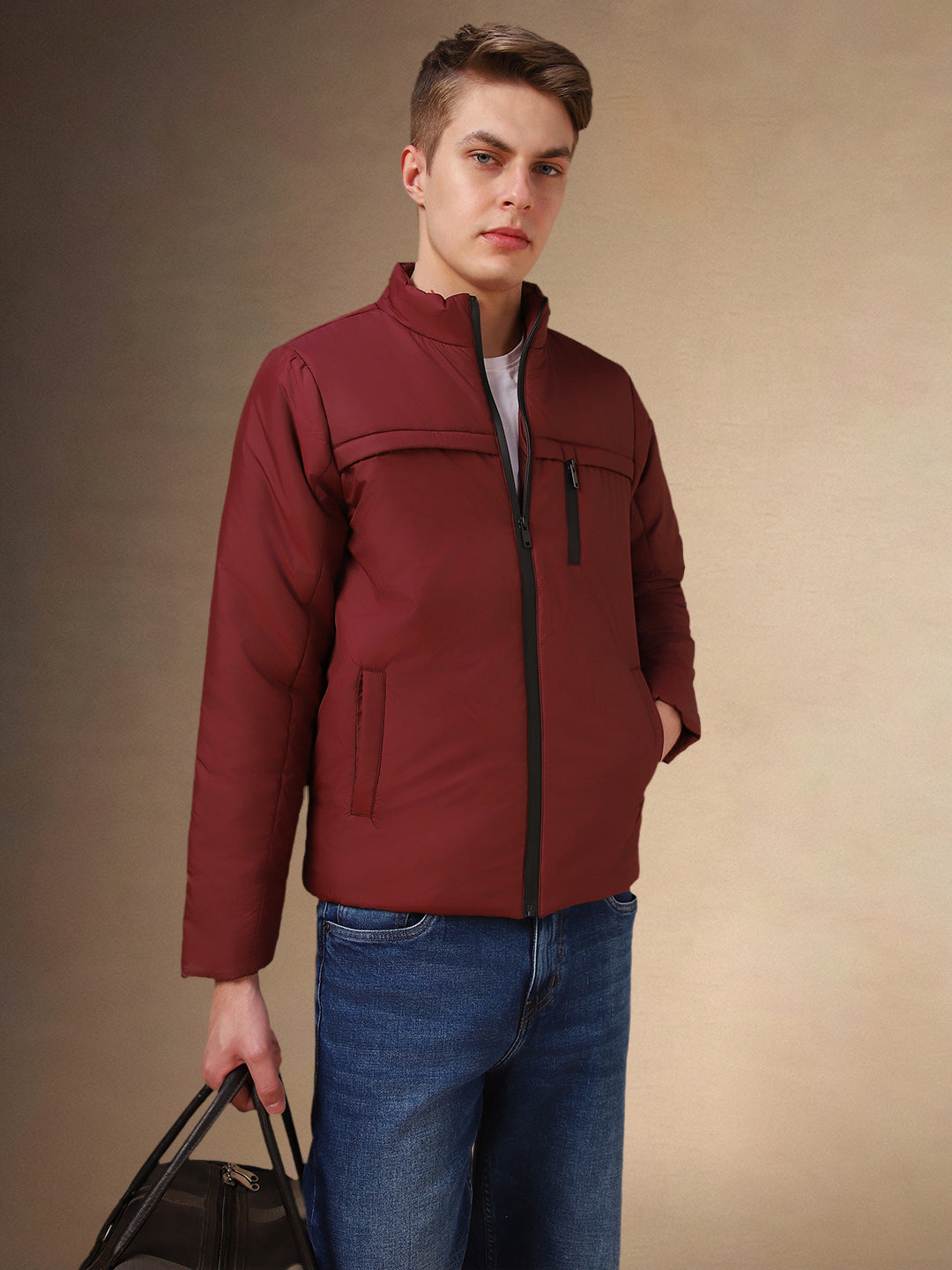 Men's Maroon Solid Mock Collar Full Sleeves Jacket