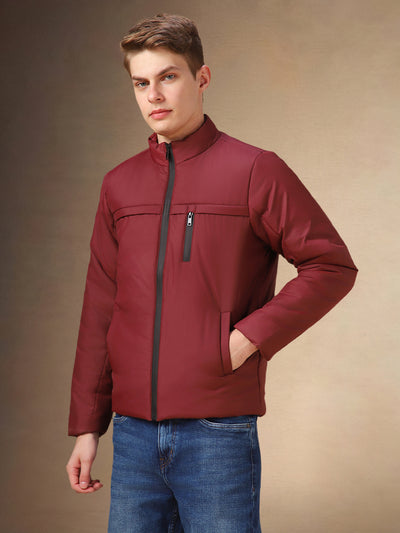 Men's Maroon Solid Mock Collar Full Sleeves Jacket