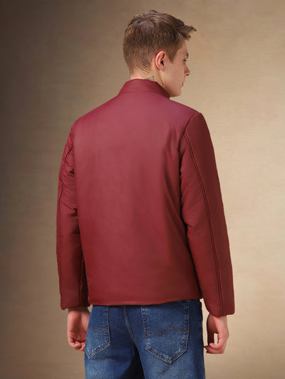 Men's Maroon Solid Mock Collar Full Sleeves Jacket