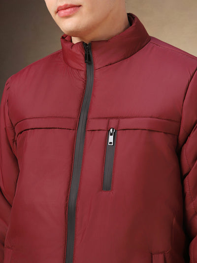 Men's Maroon Solid Mock Collar Full Sleeves Jacket