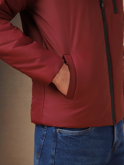 Men's Maroon Solid Mock Collar Full Sleeves Jacket