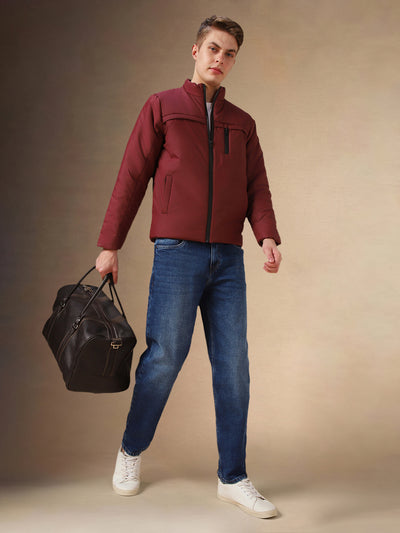 Men's Maroon Solid Mock Collar Full Sleeves Jacket