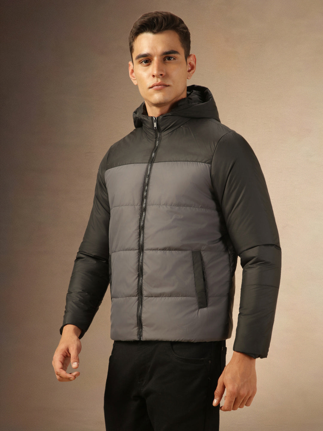 Men's Black Hooded Full Sleeves Puffer Jacket