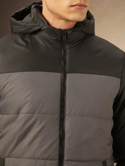 Men's Black Hooded Full Sleeves Puffer Jacket