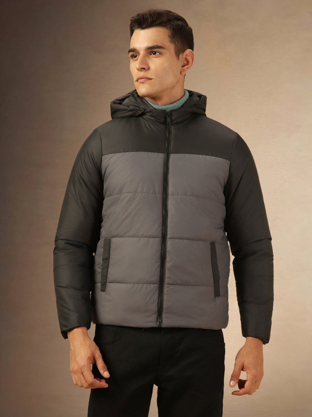 Men's Black Hooded Full Sleeves Puffer Jacket