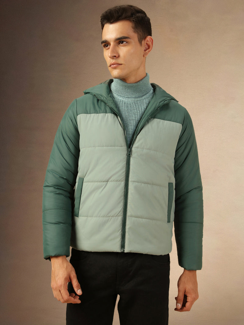 Men's Green Hooded Full Sleeves Puffer Jacket