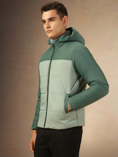 Men's Green Hooded Full Sleeves Puffer Jacket