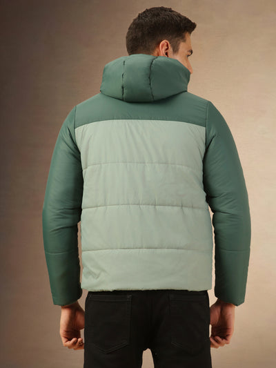 Men's Green Hooded Full Sleeves Puffer Jacket