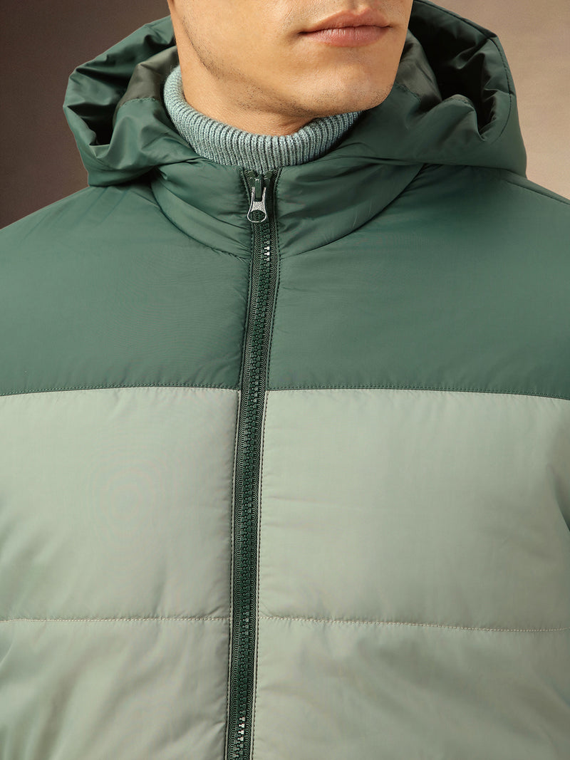 Men's Green Hooded Full Sleeves Puffer Jacket