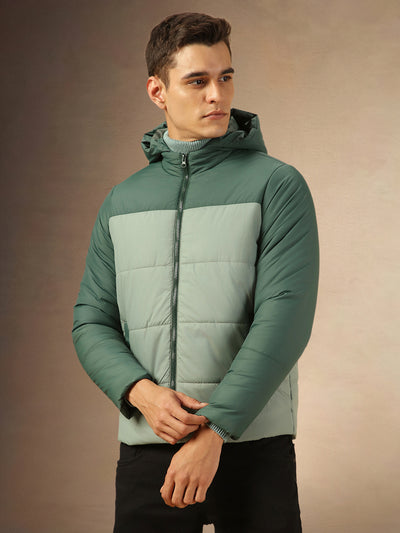 Men's Green Hooded Full Sleeves Puffer Jacket