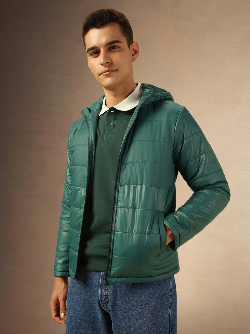 Men's Green Hooded Full Sleeves Puffer Jacket