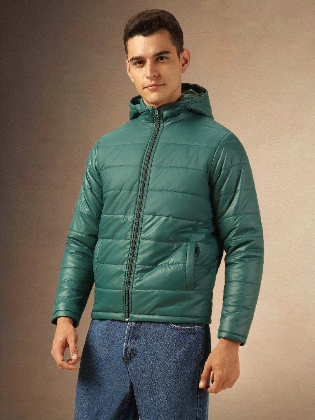 Men's Green Hooded Full Sleeves Puffer Jacket