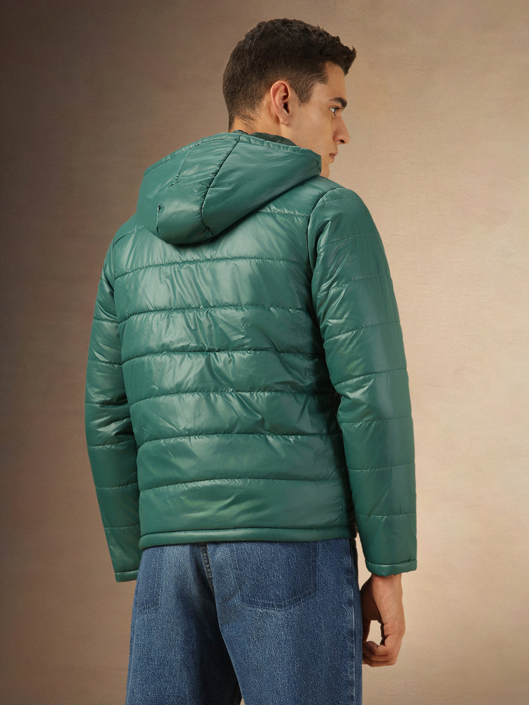 Men's Green Hooded Full Sleeves Puffer Jacket