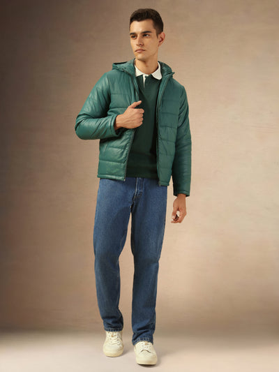 Men's Green Hooded Full Sleeves Puffer Jacket