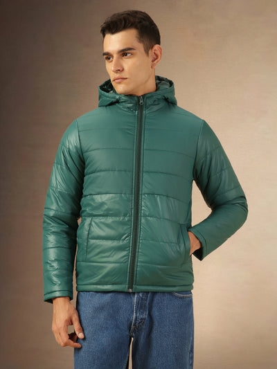 Men's Green Hooded Full Sleeves Puffer Jacket