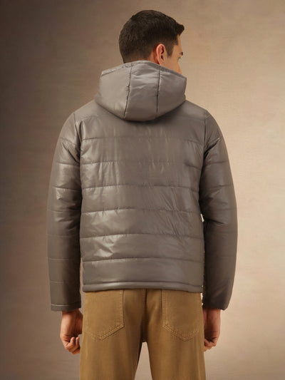 Men's Grey Hooded Full Sleeves Puffer Jacket