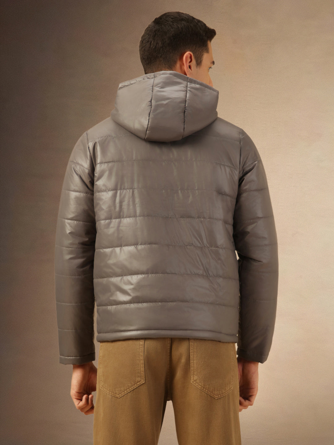 Men's Grey Hooded Full Sleeves Puffer Jacket