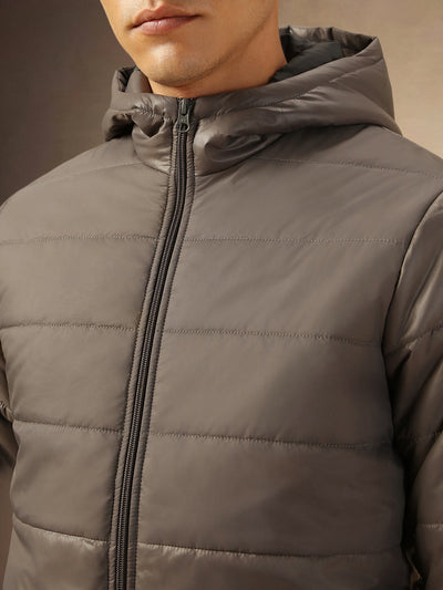 Men's Grey Hooded Full Sleeves Puffer Jacket