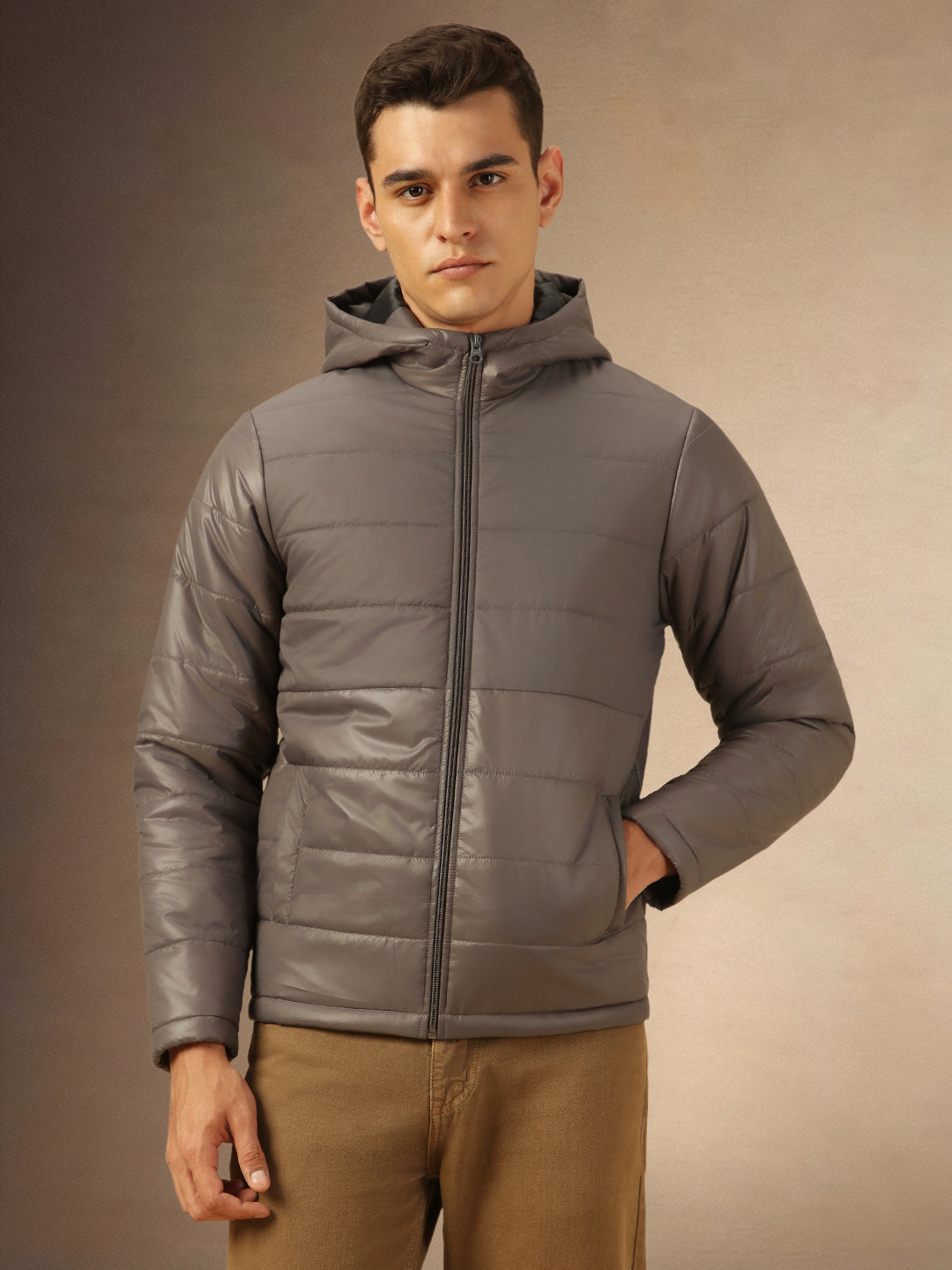 Men's Grey Hooded Full Sleeves Puffer Jacket