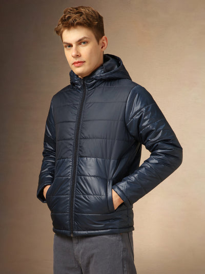 Men's Navy Blue Solid Hooded Full Sleeves Jackets