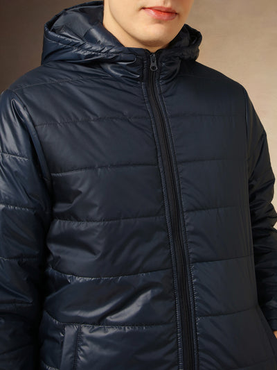 Men's Navy Blue Solid Hooded Full Sleeves Jackets