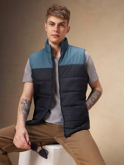 Men's Stand Collar Sleeveless Colourblocked Gilet Jacket