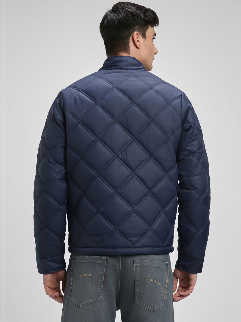 Men's High Neck Regular Fit Solid Quilted Navy Jackets