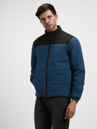 Men's High Neck Regular Fit Colourblock Quilted Teal Jackets