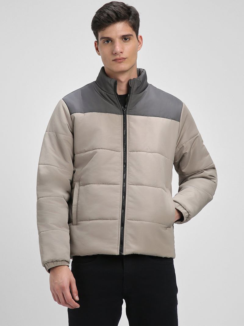 Men's High Neck Regular Fit Colourblock Quilted Cement Jackets