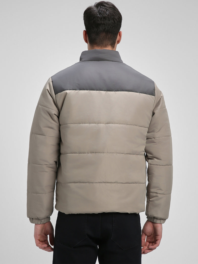 Men's High Neck Regular Fit Colourblock Quilted Cement Jackets