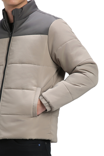 Men's High Neck Regular Fit Colourblock Quilted Cement Jackets