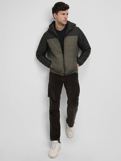 Men's Hooded Regular Fit Colorblock Olive Jackets