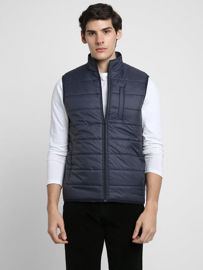 Men's Dark Blue Regular Fit Solid Sleeveless Quilted Jacket