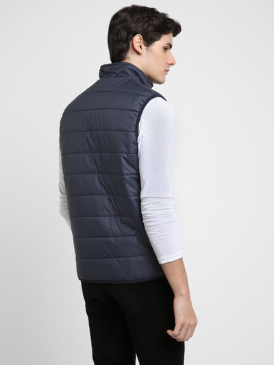 Men's Dark Blue Regular Fit Solid Sleeveless Quilted Jacket