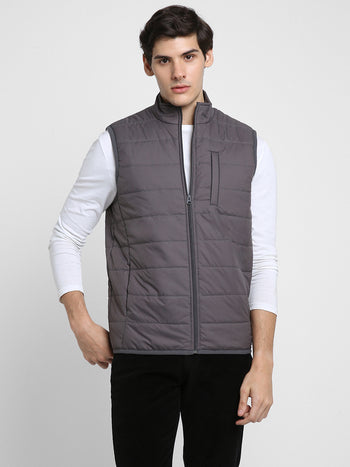 Men's Mock Collar Regular Fit Solid Quilted Dark Grey Jacket