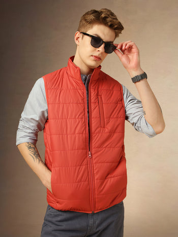 Men's Rust Solid Mock Collar Sleeveless Jackets