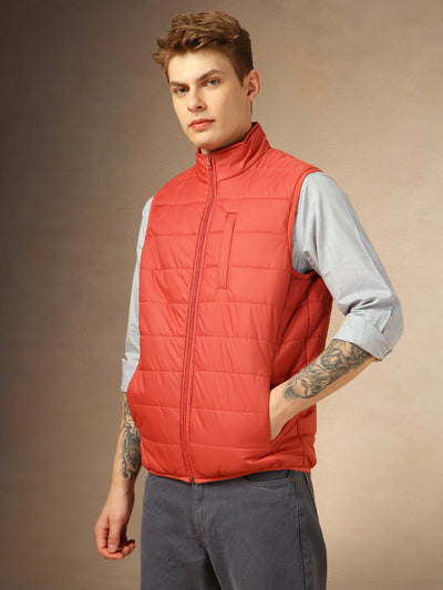 Men's Rust Solid Mock Collar Sleeveless Jackets