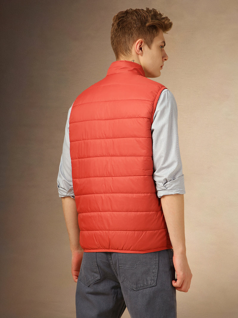 Men's Rust Solid Mock Collar Sleeveless Jackets