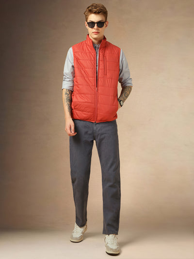 Men's Rust Solid Mock Collar Sleeveless Jackets