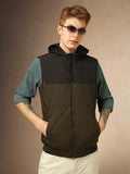 Men's Olive Colorblocked Hooded Sleeveless Jackets