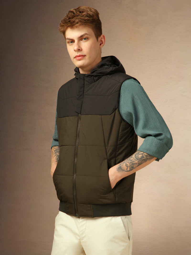 Men's Olive Colorblocked Hooded Sleeveless Jackets