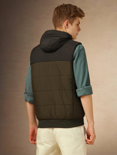 Men's Olive Colorblocked Hooded Sleeveless Jackets